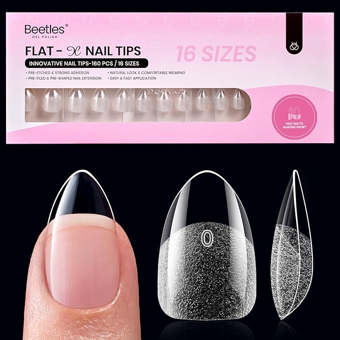 Beetles Gel Nail Tips Flat-X - Almond Short, 160pcs 16 Sizes, Pre-Etched Half Matte Full Cover Soft Acrylic False Nail Tips Clear Press on Easy DIY Extension Salon for Flat & Natural Nail Beds
