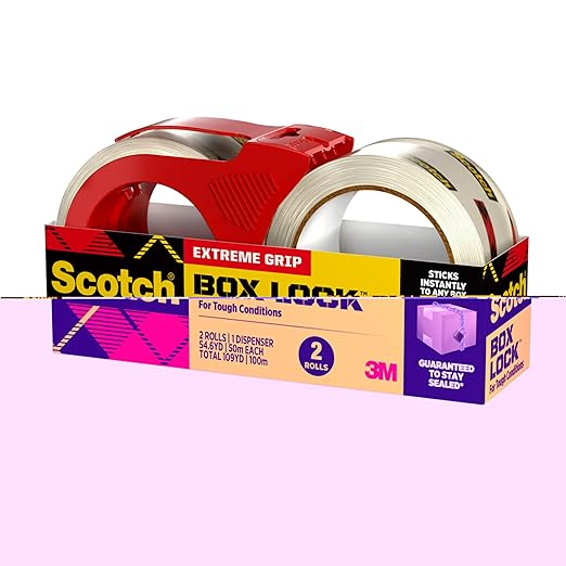 Scotch Box Lock Packaging Tape, 2 Rolls with 1 Refillable Dispenser, 1.88 in x 54.6 yd, Extreme Grip, Sticks Instantly to Any Box (Pack of 6)