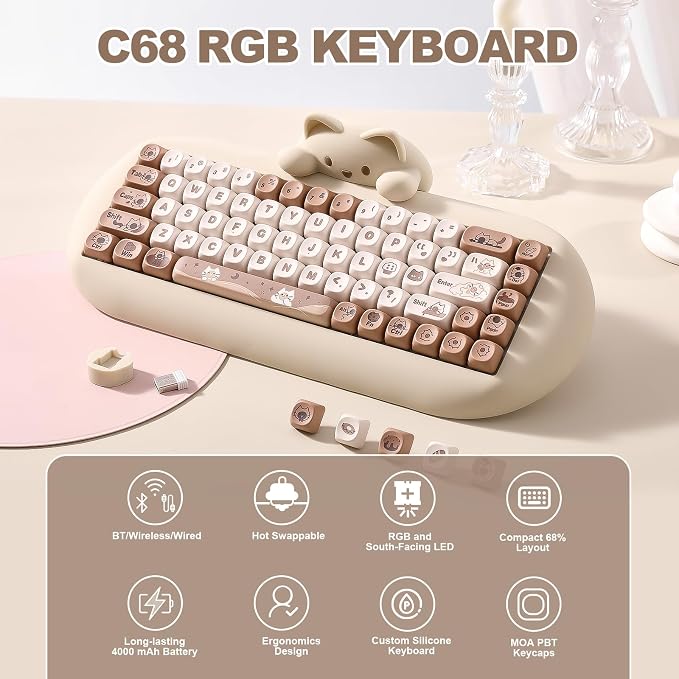 YUNZII C68 Silicone Cute Cat Mechanical Keyboard (Brown,Cocoa Cream Switch) | Wireless Triple Mode BT5.0/2.4G/Wired, RGB Backlit NKRO, Cute Cat Silicone Ergonomic Design for Win/Mac