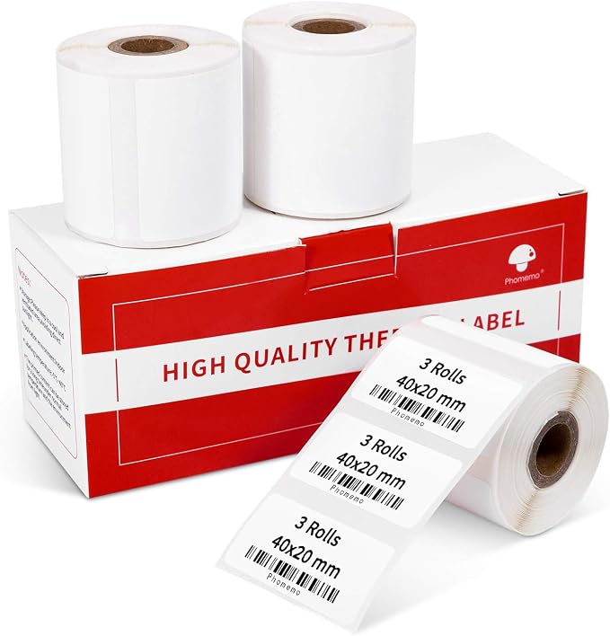 Phomemo Labels- 3 Rolls M110 Label Thermal Paper for M110/M220/M221/M120/M200, 1.57'' x 0.79'' (40x20mm)- Multipurpose Square Self-Adhesive Label, 320 Labels/Roll | Square 40x20mm Waterproof Thermal Sticker Labels Use for Barcode, Logo,Listing, Busines...