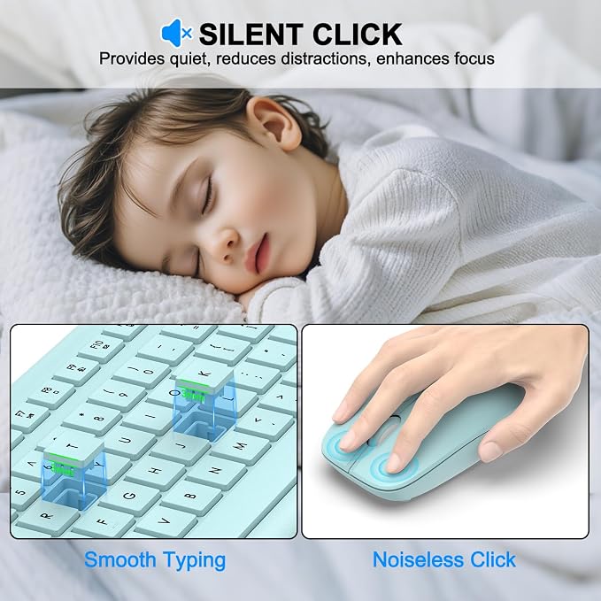 Wireless Keyboard and Mouse Combo, Full-Size Silent Ergonomic Keyboard and Optical Mouse, Long Battery Life, 2.4GHz Lag-Free Cordless Mice Keyboard for Computer, Mac, Laptop, PC, Windows(Green)