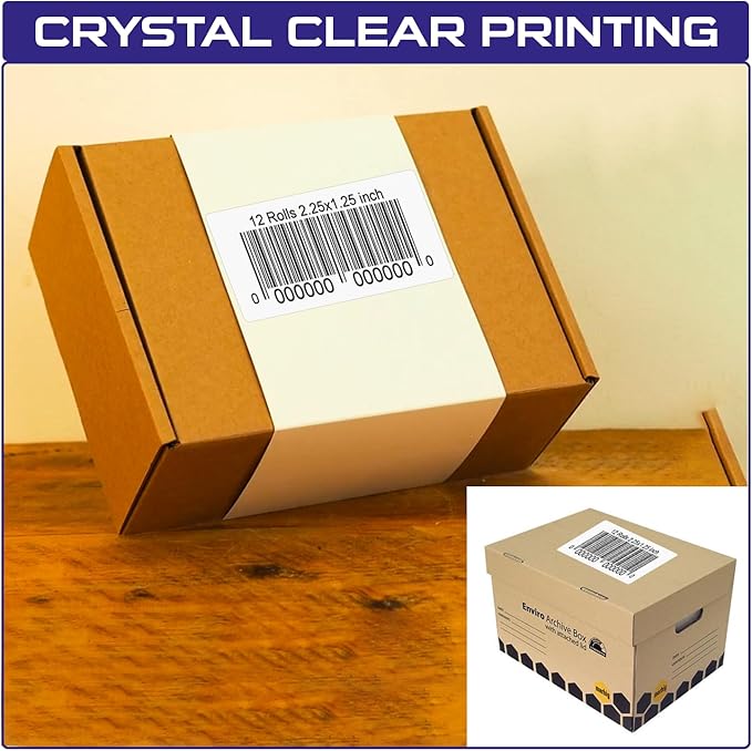 CEPRICO 2.25” x 1.25” Direct Thermal Labels – 12 Rolls (1000 Labels/Roll) Perforated Waterproof Barcode Address Sticker, Self-Adhesive White Label, Compatible w/Zebra & Rollo Printers for FBA Shipping