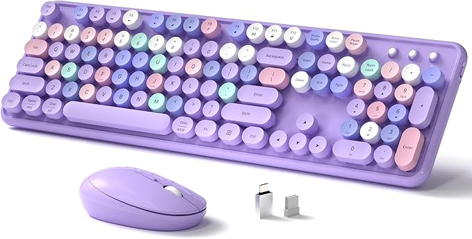 Links9+ Colorful Wireless Keyboard and Mouse Combo (Purple Colorful) | Full-Size Retro Typewriter Style Keyboard with Vintage Round Keycaps, 2.4G Wireless Set for Windows, Mac, Laptop, PC, Tablet