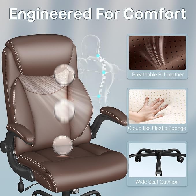 Ergonomic Office Chair, Big and Tall Office Chair, Executive Chair- Padded Leather Comfy Chair with Adjustable Lumbar Support & Flip-Up Arms, Rocking Swivel Chair for Home Office,Brown