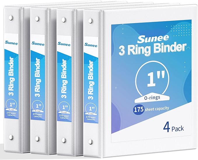 SUNEE 1 Inch Binders 3 Ring 4 Pack, PVC-Free Clear View 1" Binders (Fits 8.5x11 Inches) for School, Office & Home Use, White