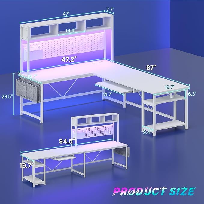 SEDETA White L Shaped Gaming Desk with Hutch, Power Outlet and Pegboard | Reversible 94.5" Computer Desk Two Person Desk, Corner Desk with Storage Shelf Keyboard Tray and LED Lights for Home Office