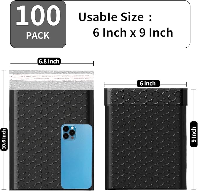 6x10 Bubble Mailers 100 Pack - Usable Size 6x9 Heavy Duty Padded mailer with Self Seal, Waterproof Shipping Envelopes, Bubble Wrap Protection for Ecommerce, Non See Through