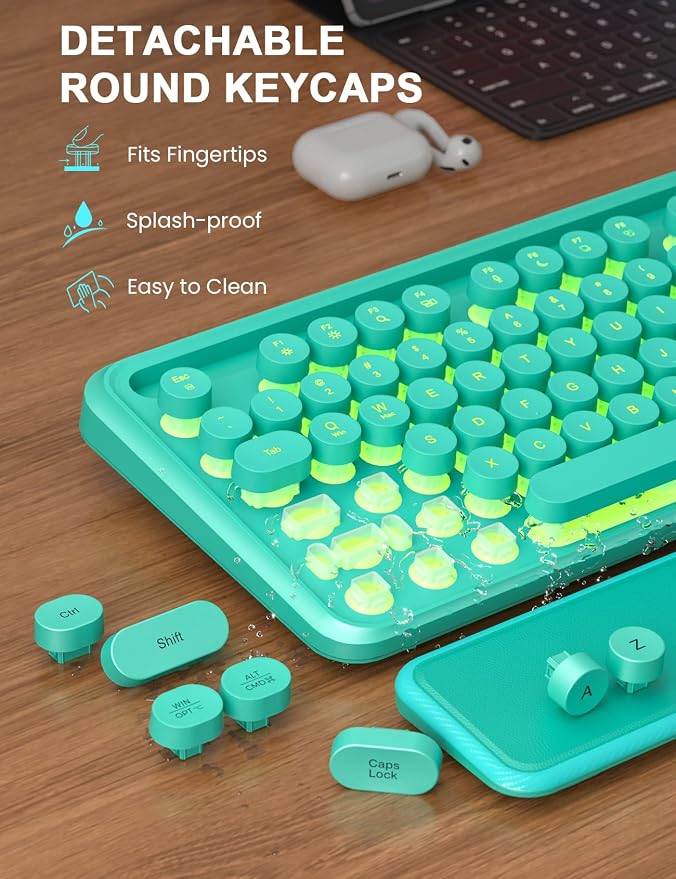Wireless Keyboard and Mouse, Backlit Typewriter with Magnetic Wrist Rest | Phone Holder, Light Up Round Keycaps, Lighting Mouse, 2.4GHz Cordless Set for Mac, Windows, PC, Laptop, SABLUTE