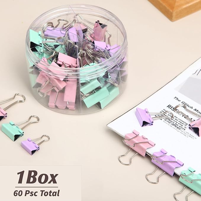 Binder Clips Assorted Sizes, Durable Metal Binder Clips for Office, Cute Desk Supplies for Teachers Student (60, Morandi)