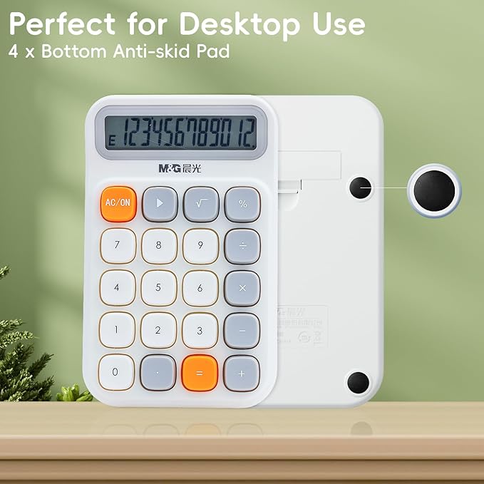 M&G Mechanical Switch Calculator, 12 Digits, Large LCD Display and Big Buttons, Cute White Desktop Calculator for Office, Home, School (Battery Included)