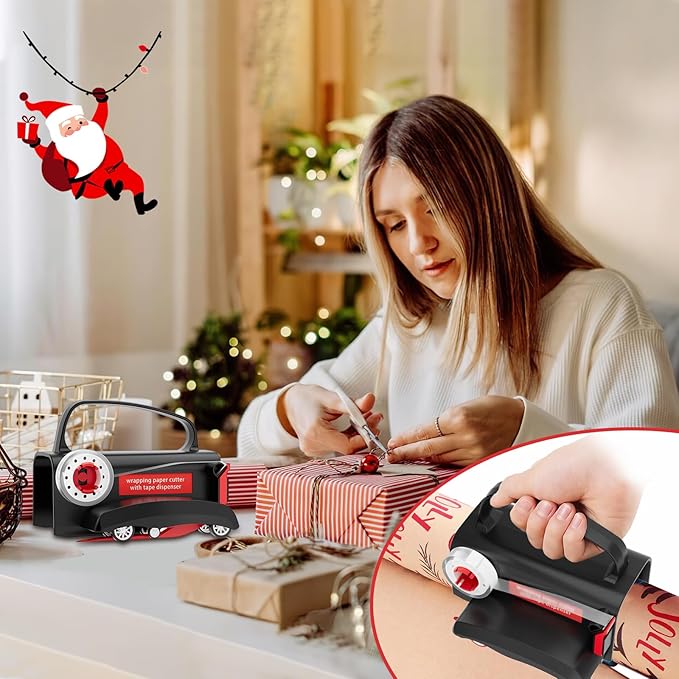 2-Pack Wrapping Paper Cutter & Tape Dispenser, Make Cutting Easily Safely and Efficient, Straight Sliding Tool for Christmas Gift, with 4 Tapes, 2 Replace Blades Kit, Black and Red