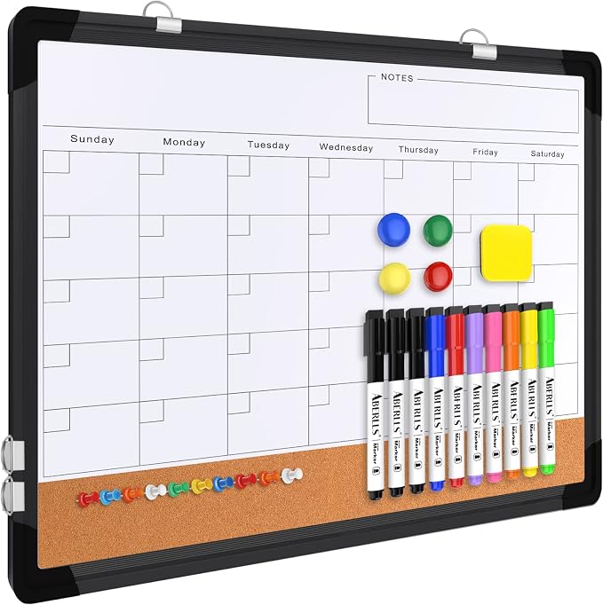 Monthly Calendar Whiteboard for Wall, Dry Erase Board with Cork Board Combo | 17"x13" Small Magnetic White Board, Double-Sided Hanging Board for Office Home, Portable Board for Planner Memo, Black