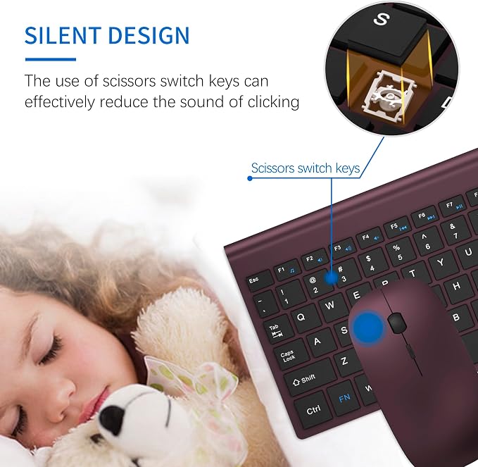 Wireless Keyboard and Mouse Ultra Slim Combo, TopMate - Wine Black | 2.4G Silent Compact 2400DPI Mouse and Scissor Switch Keyboard Set with Cover, Batteries Included, for PC/Laptop/Windows/Mac