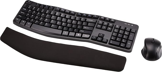Amazon Basics Ergonomic Wireless Keyboard and Mouse Combo with Wrist Rest, Plug and Play, 2.4 GHz USB, Easy to Use, Black