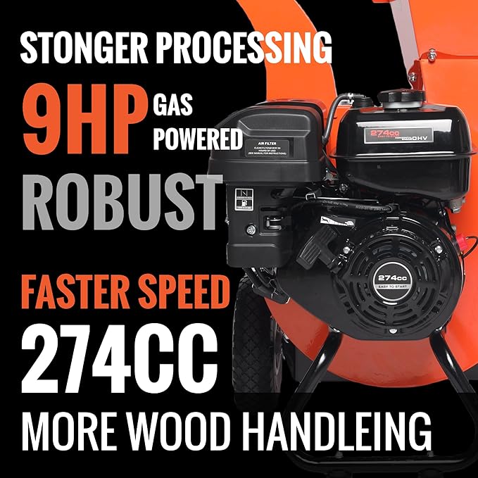 C40 Wood Chipper 4" inch Max Diameter Capacity 9 HP 274cc Gas Powered Engine Heavy Duty Shredder Mulcher