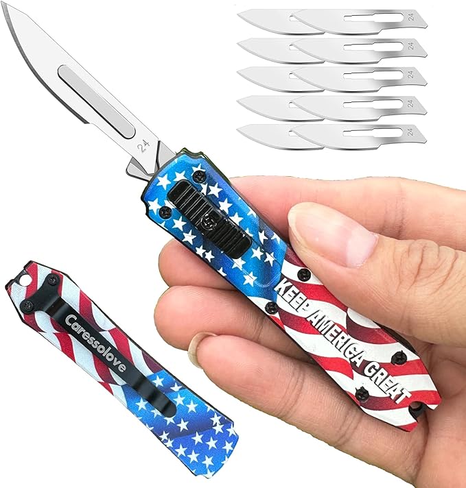 EDC Automatic Scalpel Knife, Mini Automatic Utility Knife, Auto Box Cutter Retractable, Push Button Razor Knives with 10PCS #24 Blades (Blue)