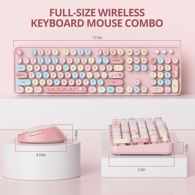 Wireless Keyboard Mouse,104 Keys Retro Typewriter Pink | 1600DPI Full Size With Number Pad & Mouse,Compatible With All Windows,Ideal For Computer, PC, Notebook, Laptop