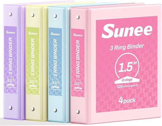 SUNEE 1.5 Inch Binders 3 Ring 4 Pack, Clear View 1 1/2 Inch Binders Three Ring PVC-Free (Fit 8.5x11 Inches) for School or Office Supplies, Assorted Pastel