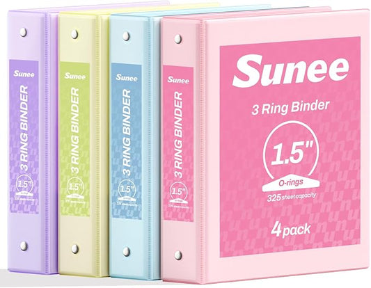 SUNEE 1.5 Inch Binders 3 Ring 4 Pack, Clear View 1 1/2 Inch Binders Three Ring PVC-Free (Fit 8.5x11 Inches) for School or Office Supplies, Assorted Pastel