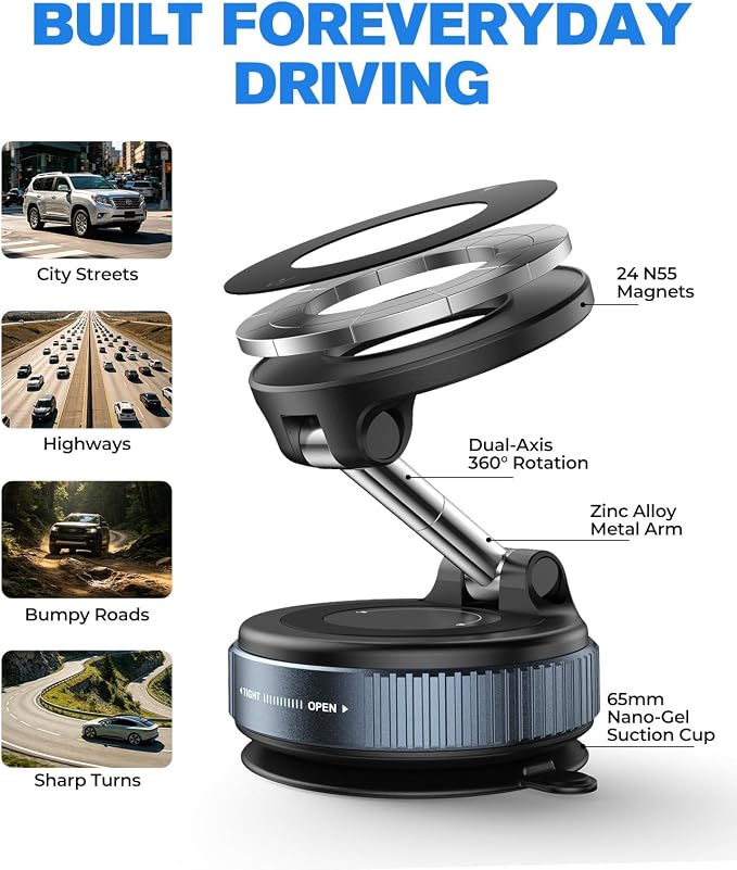 Jononser Magnetic Car Phone Holder for MagSafe, Nano-Gel Suction Cup Car Phone Mount for Car Dashboard & Windshield, Pocket-Size Foldable 360° Adjustable Car Mount for iPhone 17 16 15 14 13 12 Series