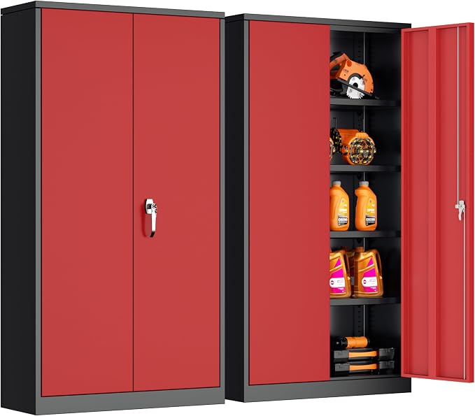 Metal Storage Cabinet,72" Steel Lockable File Cabinet with Locking Doors and Adjustable Shelves,Locking Tool Cabinets for Office,Home,Garage,Gym,School (Black Red)