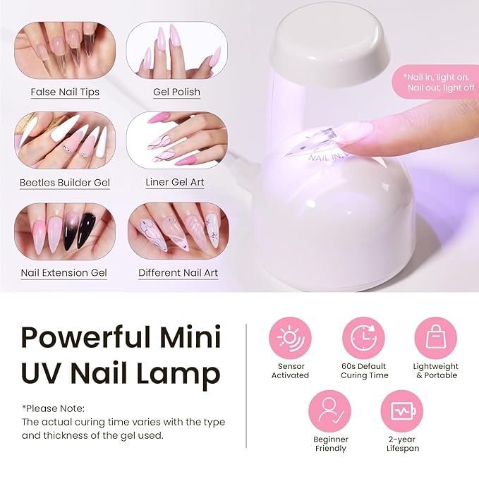 Beetles Tipex Instant Apex Nail Tips Kit with Dehydrator & Primer, Medium Stiletto, 224PCS 16 Sizes, Reinforced Apex for Strong Long-Lasting Wear, 20g Solid Nail Glue, Mini UV Lamp, Base & Top Coat