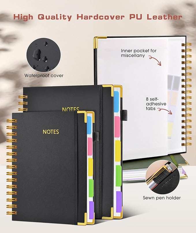 Hardcover Spiral Notebook journal with Removable Dividers Tabs, 300 Pages Leather 5 Subject Notebook College Ruled, 100GMS A5 Notebooks for Work School Note taking,Lined Journal for Women,A5-Black