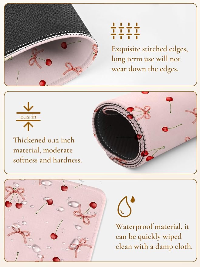 Cute Cherries Mouse Pad, Waterproof Aesthetics Bowsknot Mouse Pads Design, Non-Slip Rubber Base Computer Simple Funny Mousepad,Small Mouse Mat Desk Accessories Office Supplies,Red Cherry Pink