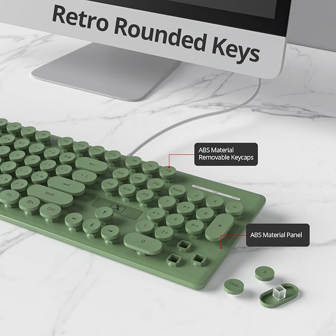 surmen Cute Quiet Keyboard Green Wired Typewriter Keyboard, Light Up Backlit PC Keyboards with Retro Round Keys Full Size 104 Keys for Office Computer (Dark Green)