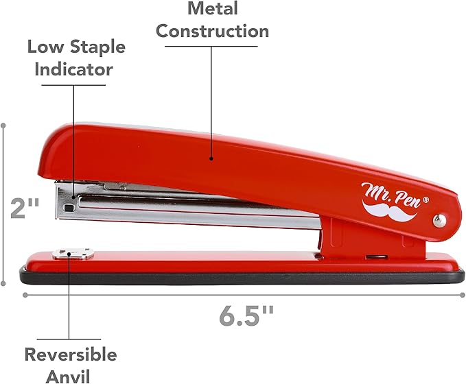 Mr. Pen- Red Office Stapler with Staples, 1000 Staples 1/4", 20 Sheet Capacity, Desktop Stapler for Students, Office Supplies, Ergonomic Design for Comfortable Use, Opens 180 Degrees for Easy Loading