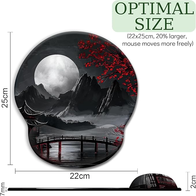 Japanese Mouse Pad with Wrist Rest, Full Moon Ergonomic Mouse Pad Wrist Support with Non-Slip Pain Relief PU Base, Funny Computer Mousepad, Japanese Style Office Home Desk Accessories Decor
