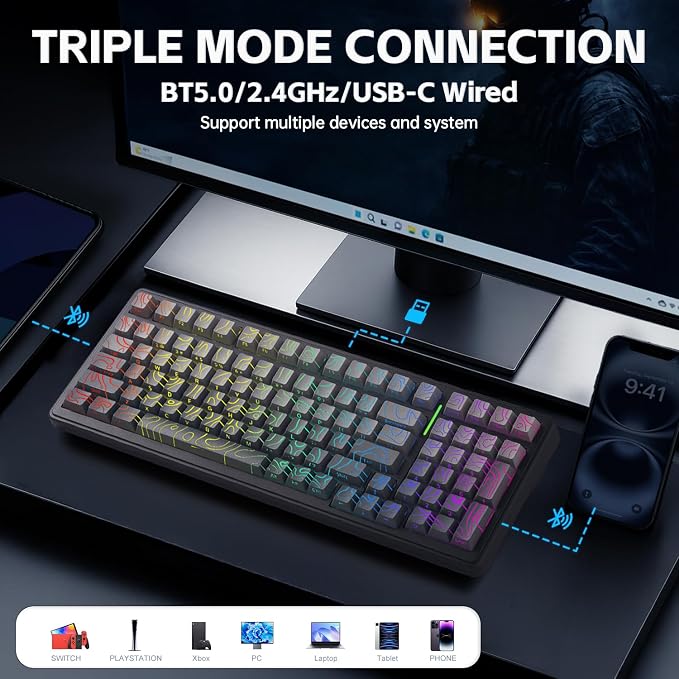 Aula F99 Keyboard Gaming,Wireless Mechanical Keyboards Creamy Sound | Computer Bluetooth Keyboard Full Size Hot Swappable RGB Backlit w/8000mAh Battery,Gradient Grey Tri-Mode BT/2.4GHz/USB