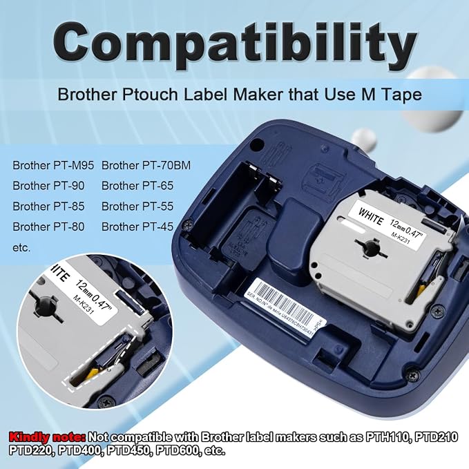 Labelife M-K231 Label Tape Replacement for Brother P Touch M Tape 12mm 0.47 | MK231 M-K231S White Compatible with Brother Ptouch PT-M95 PTM95 PT-45 PT-65 PT-70 PT-80 Label Makers, 6 Pack M231 M-231