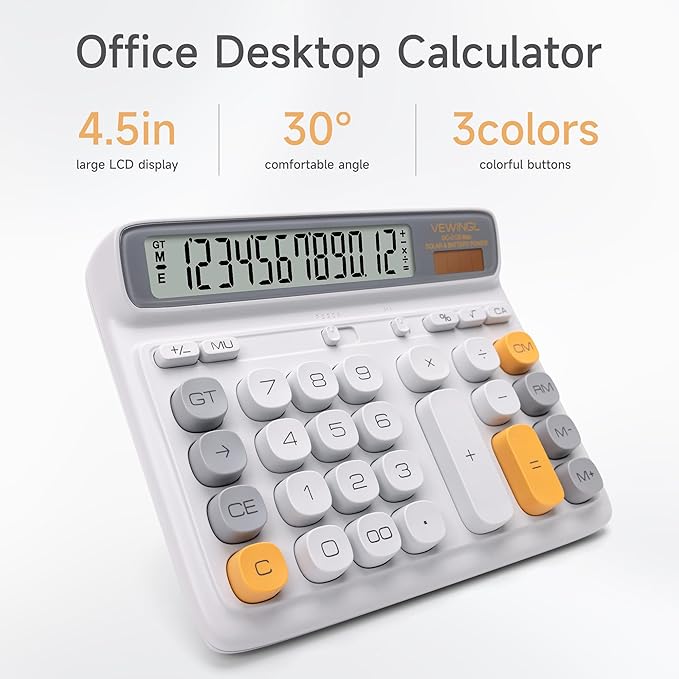 VEWINGL Desktop Calculator with Large LCD Display, 12-Digit Dual Power Solar & Battery Office Calculator with Big Buttons for Business, Accounting & Home Use (Gray, L)