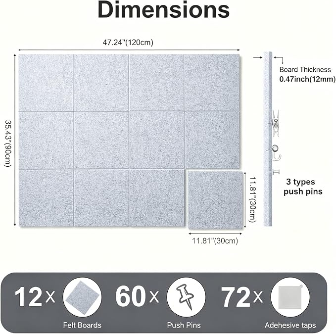 Felt Wall Tiles Bulletin Board Large Cork Board Alternative 12 Pack 11.81”x11.81”x0.47” Felt Pin Board Tack Board with Safe Removable Adhesive Tabs for Home Office School 48x36(Silver Grey)