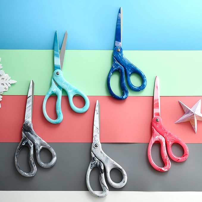 LIVINGO 8" Office Scissors Heavy Duty All Purpose Shears Marble White | Sharp Stainless Steel Blade, Soft Smooth Handle, Sewing Fabric Craft Paper Cutting, Home Office Supplies