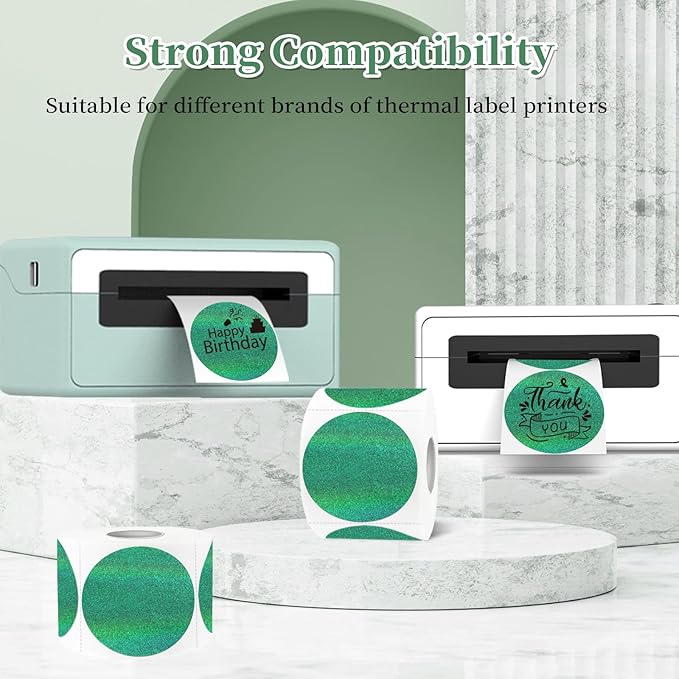 2 Inch Holographic Thermal Labels,Green Round Thermal Printer Labels,Printable Round Thermal Printer Labels Self-Adhesive Direct Thermal Label(300 Labels/Roll Green)