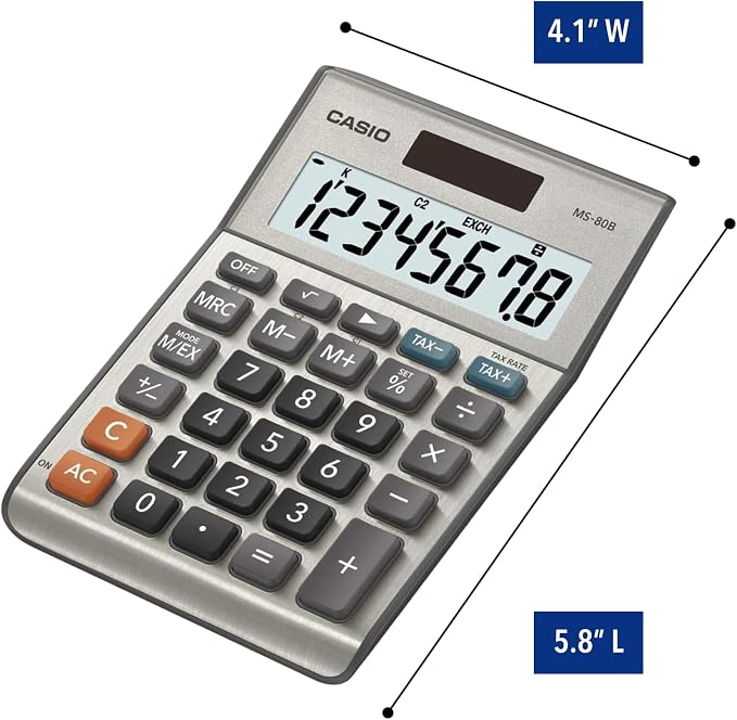 Casio MS-80B Desktop Calculator, Tax & Currency Tools | General purpose calculator with large display; ideal for home, office & everyday math
