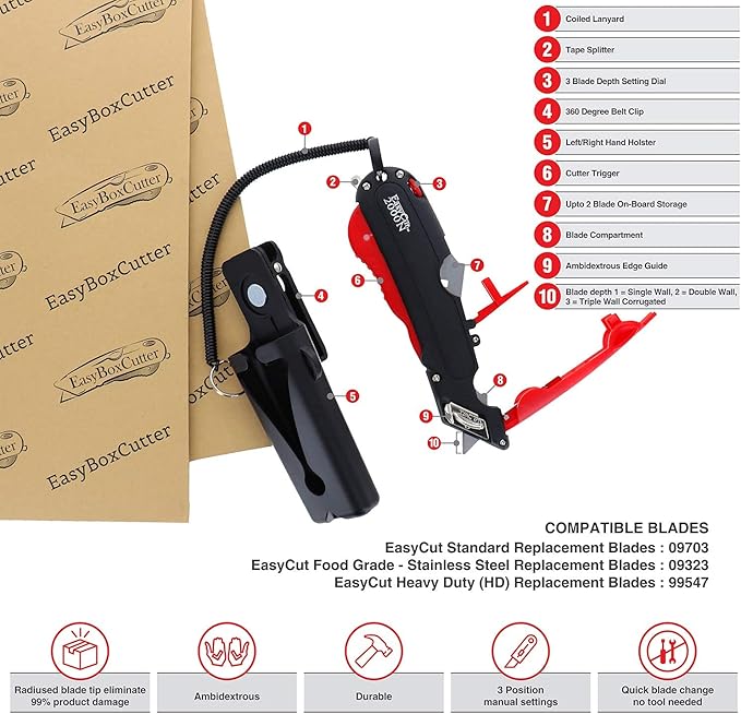 Modern Box Cutter, Extra Tape Cutter at Back, Dual Side Edge Guide, 3 Blade Depth Setting, 2 Blades and Holster - 2000 Red STD