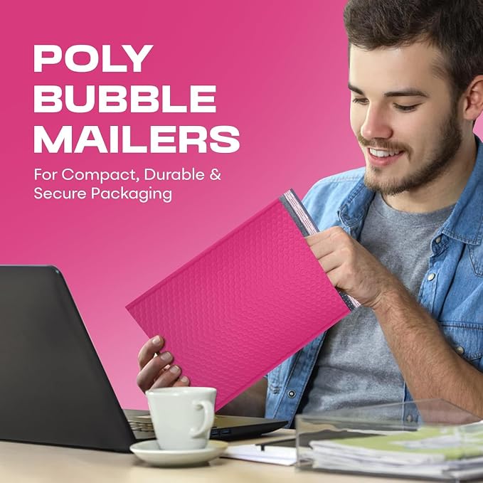 Hot Pink Bubble Mailers 12x15, Self Seal Poly Padded Envelopes, 100 Pack | Holds Clothing & Bulk Items, No Tape Needed, Cushioned Protection, Water-Resistant Poly, Bulk Pack for Small Business