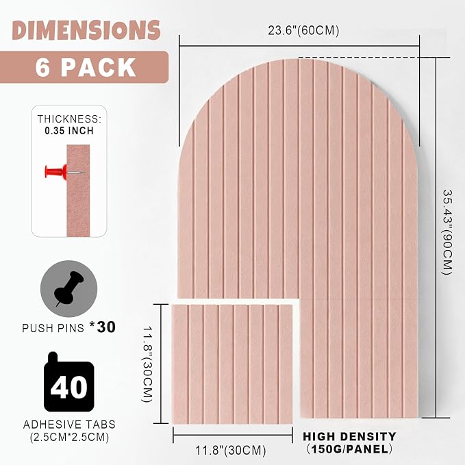 Markdang Large Arched Felt Bulletin Board 35" x 24", 6 Pack Cork Boards Alternative for Walls with 30 Pins, 40 Adhesive Tabs, Pin Board Tiles for Home Office Classroom Decor, Photos Display (Pink)