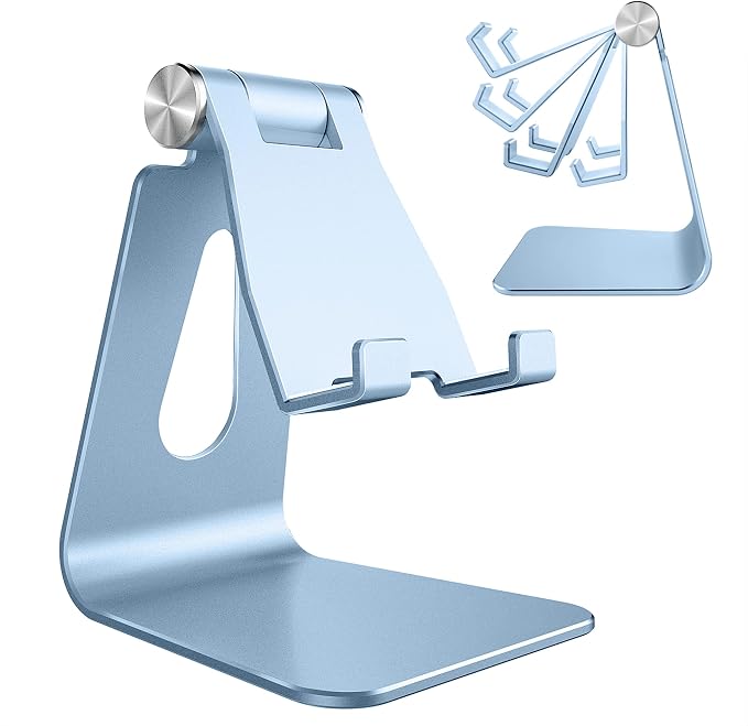 CreaDream Aluminum Cell Phone Stand, Adjustable Phone Holder for Desk | Adjustable Viewing Angle, Desktop Stand, Stable Base, Fits iPhone 17 16 15 14 13 Pro Max Desk Accessories, Sierra Blue