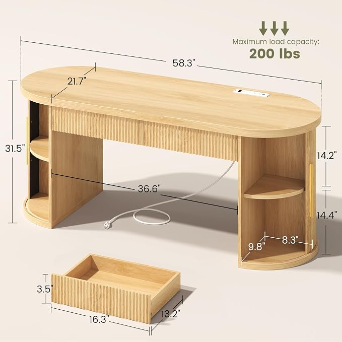 SEDETA 58.3" x 21.7" Fluted Office Executive Desk with 2 Drawers Storage | Light Oak Long Computer Desk with 2 Sliding Doors Shelves and Power Strip, Wood Curve Desk for Work, Writing, Study