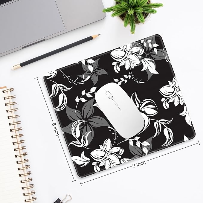 Mouse Pad, Minimalism Marble Style Computer Pad, Anti-Slip Rubber Mouse Mat with Stitched Edges for Gaming, Office, Laptop, PC, Women, 9" x 8" Thick 3 mm, Black Flower