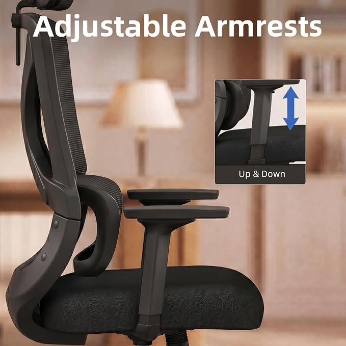 Mesh Ergonomic Office Chair with Lifting Armrests Home Office Desk Chair with Headrest and Backrest 90-150 Adjustable for Home, Office, Gaming, Student（Black）