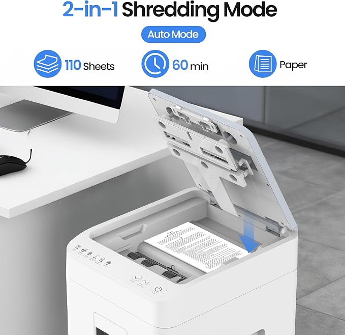 110 Sheets Micro Cut Paper Shredder Auto/Manual Feed Shredder P-4 Security Level for Home Office & Commercial Use 6.8 Gallons Bin with Casters