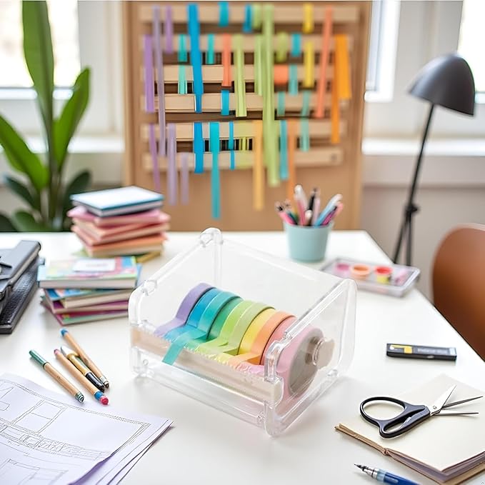 Transparent Visible Desktop Practical Washi Tape Dispenser, Packaging Tape Dispenser Cutter Roll Tape Holder Organizer, Tape Holder Tape Cutter, Sticker Roll Tape Cutter Holder(Not Include Tape)