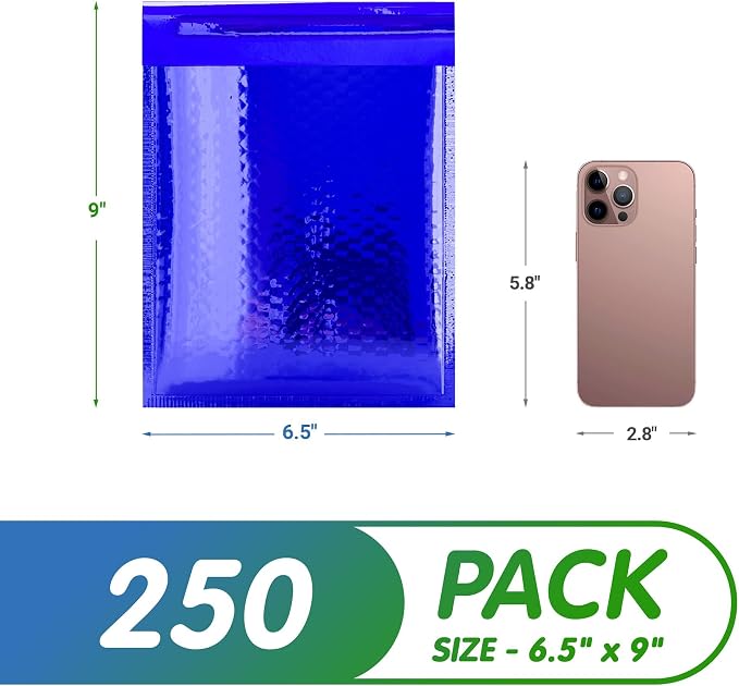 Glamour Metallic Bubble Mailers 8.5 x 11 Inches Blue, 100 Pack Padded Envelopes for Shipping, Mailing, Packaging Protection