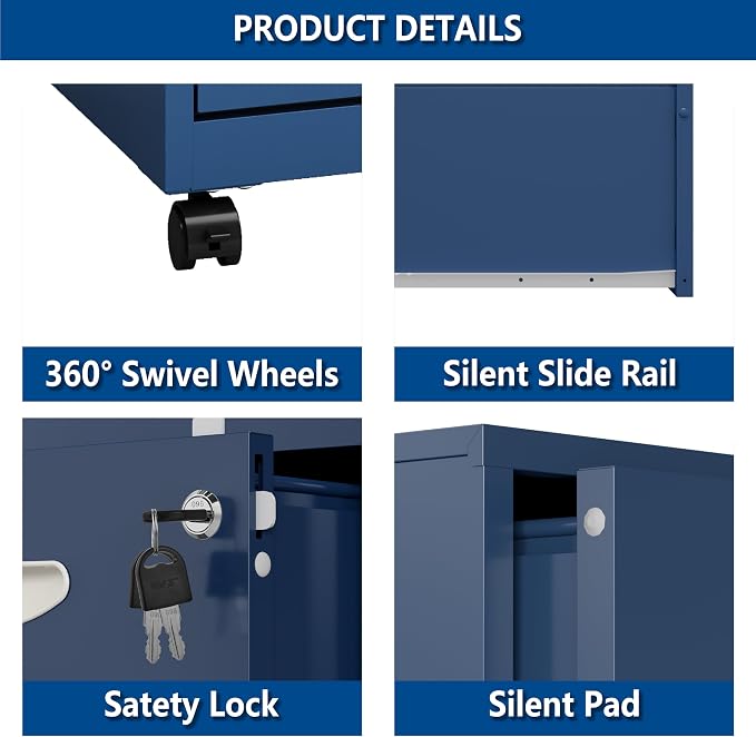 Polup 2 Drawer Rolling File Cabinet with Lock for Home Office | Metal Mobile Filing Cabinet on Wheels, Small Under Desk Storage, Fits Hanging Letter Size, Printer Stand, Blue