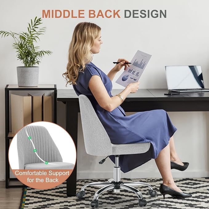DUMOS Home Office Chair, Comfy Desk Chair with Rolling Wheels | Armless Height Adjustable, Wide Seating, Vanity Swivel Task, Bedroom Student Adults, Classic Grey